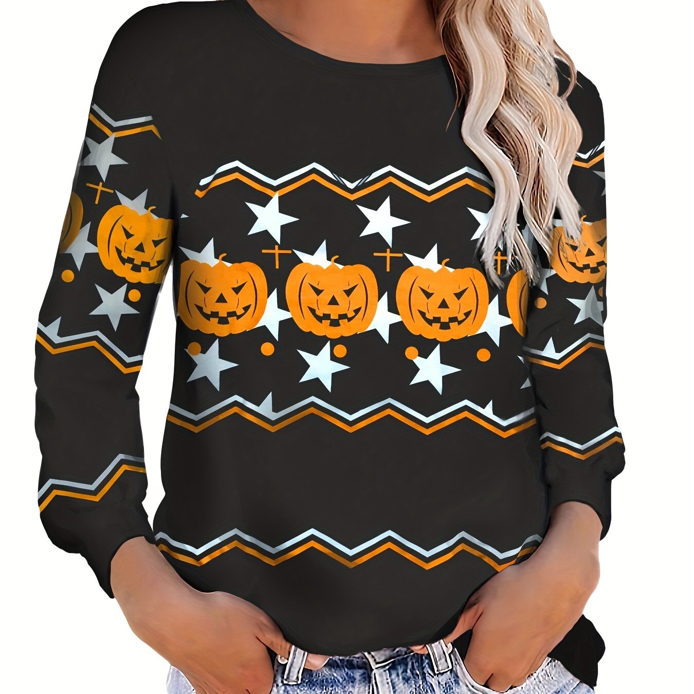 Halloween Pumpkin Print Pullover Sweatshirt for Women