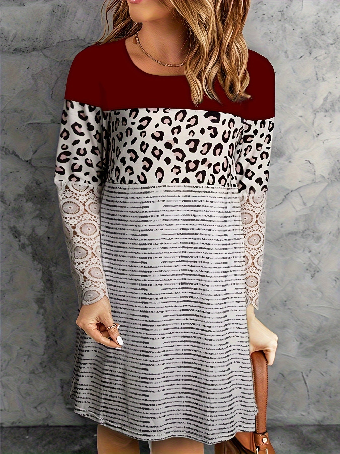 Colorblock Stripe & Leopard Print Lace Dress