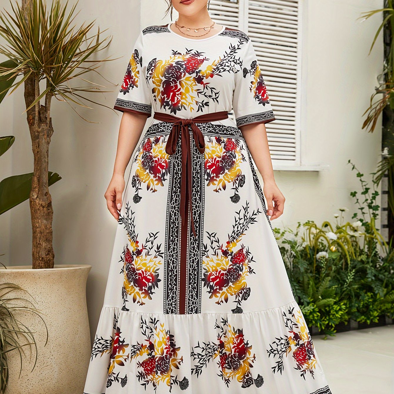 Floral Print Maxi Dress with Belt