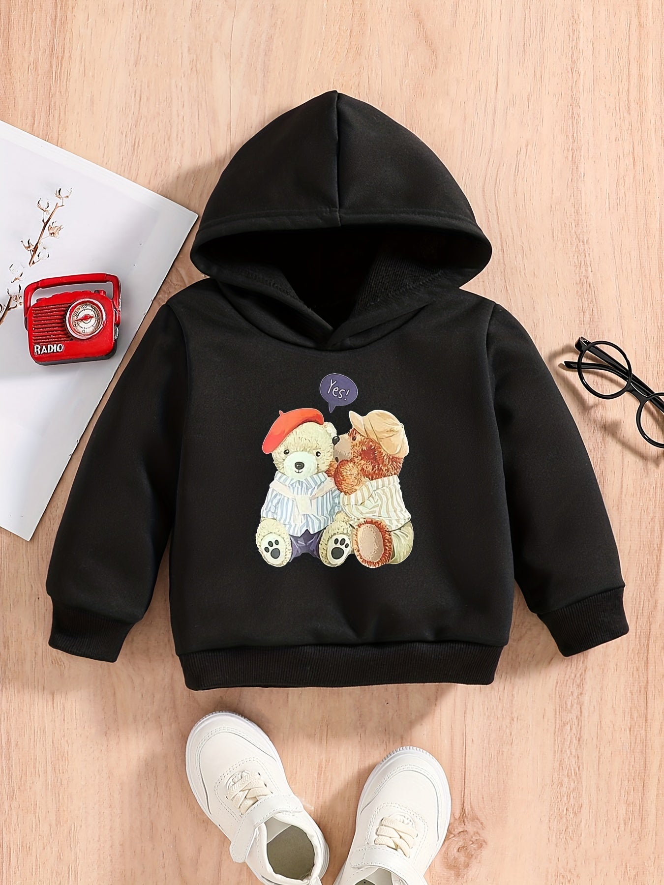 Teddy Bear Doll Print Baby Boys Casual Hooded Sweatshirt