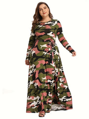 Camo Print Long Sleeve Maxi Dress With Belt