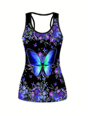 Women's Plus Floral & Butterfly Print Racer Back Tank Top & Leggings Set
