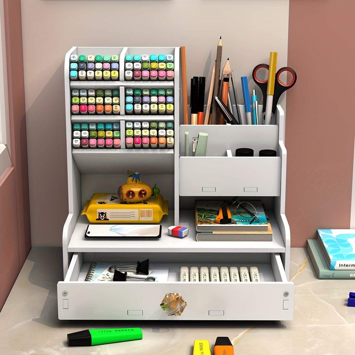 Desktop Pen Holder Storage Drawer Large Capacity