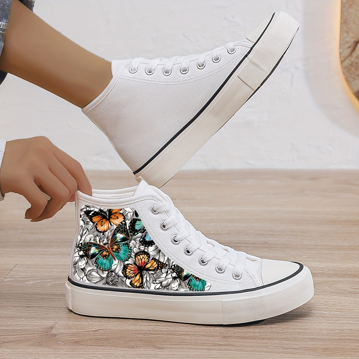 Butterfly Print Plush Lined Chunky Canvas Sneakers