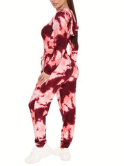 Tie Dye Two Piece Set Zip Up Hooded Sweatshirt & Drawstring Skinny Pants Outfit