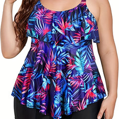 Floral Print Cami Top & Solid Shorts Swimsuit Set