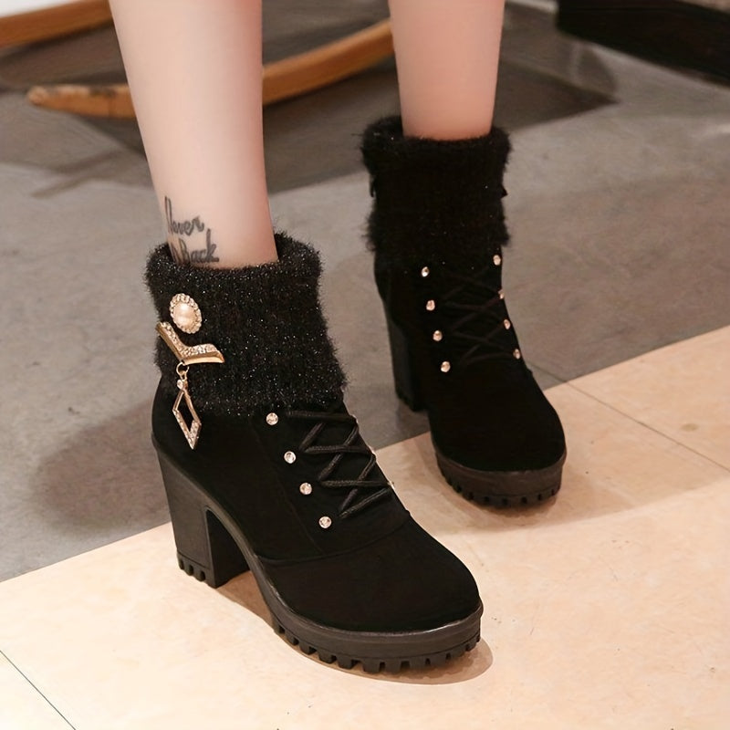 Women's Rhinestone Decor Velvet Boots Chunky Heel Winter Shoes