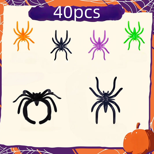 40pcs Plastic Spider Rings for Halloween Party & Costume, Colorful Decorations