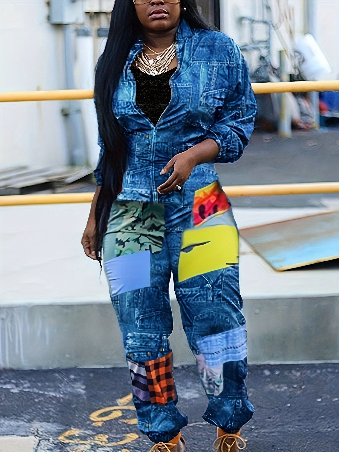 Colorblock Denim Print Mock Neck Jumpsuit