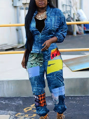 Colorblock Denim Print Mock Neck Jumpsuit