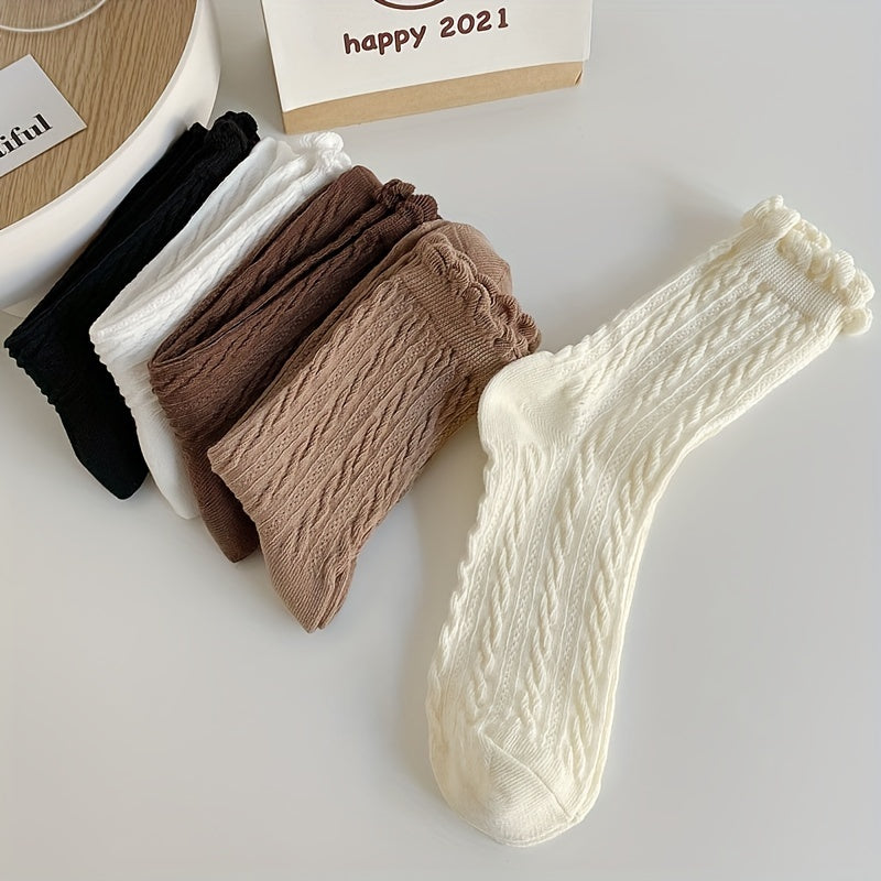 5 Pairs Twist Textured Ruffle Socks Women's Stockings