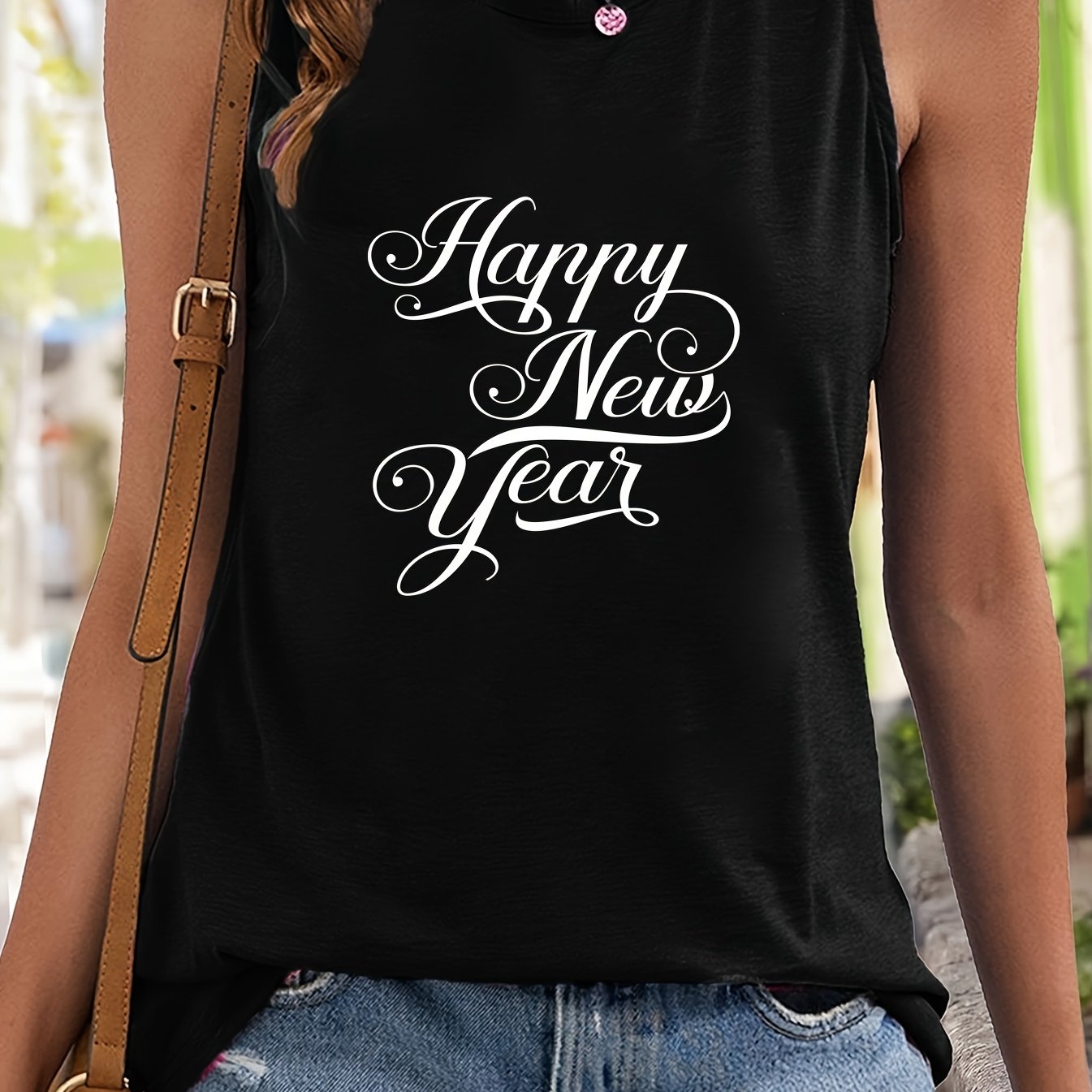 Happy Year Letter Sleeveless Sports Vest Stretchy Casual Tops Women's Activewear