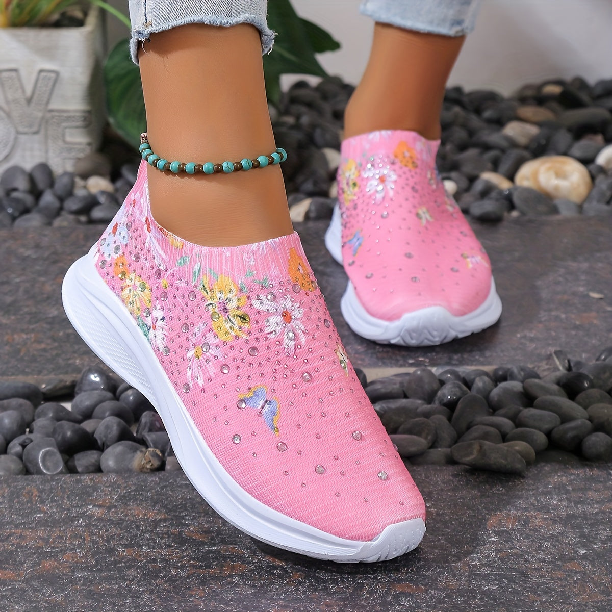Women's Floral Rhinestone Slip On Sneakers Lightweight Outdoor Casual Shoes