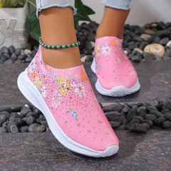 Women's Floral Rhinestone Slip On Sneakers Lightweight Outdoor Casual Shoes