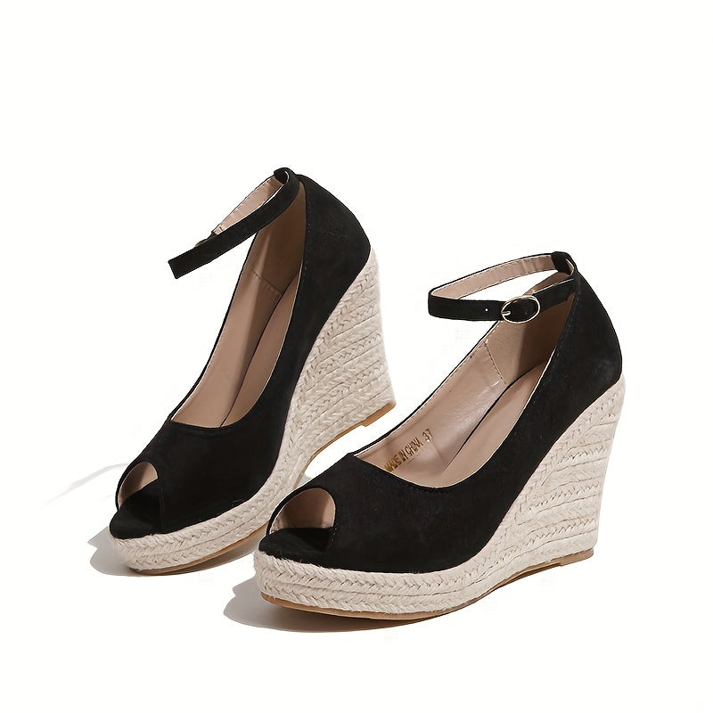 Peep Toe Ankle Strap Wedge Sandals High Heels Comfy Micro Suede