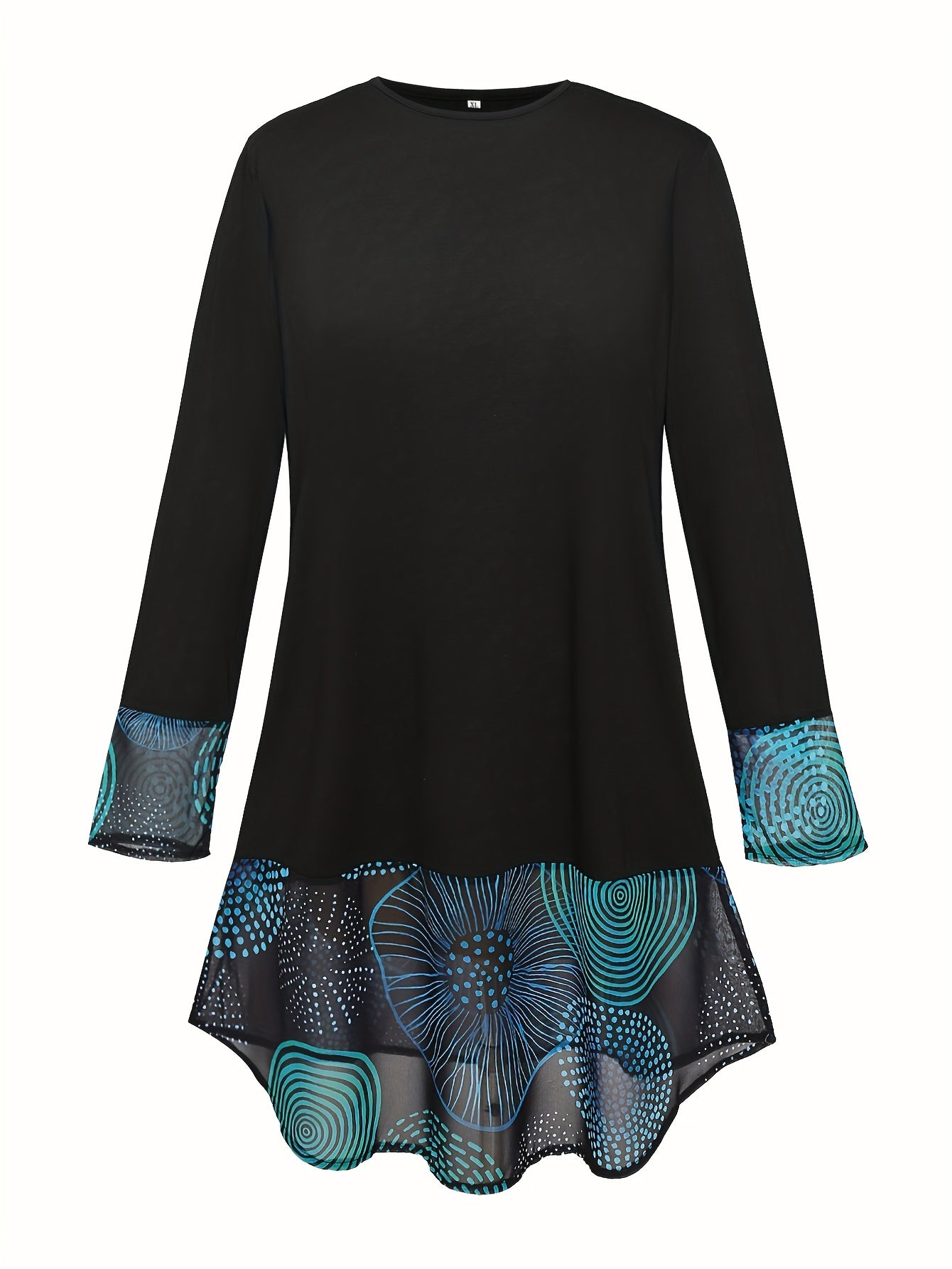 Colorblock Graphic Print Long Sleeve Round Neck Dress With Pockets