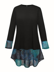 Colorblock Graphic Print Long Sleeve Round Neck Dress With Pockets