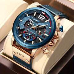 LIGE Boy's Leather Quartz Watch Waterproof Sport Clock