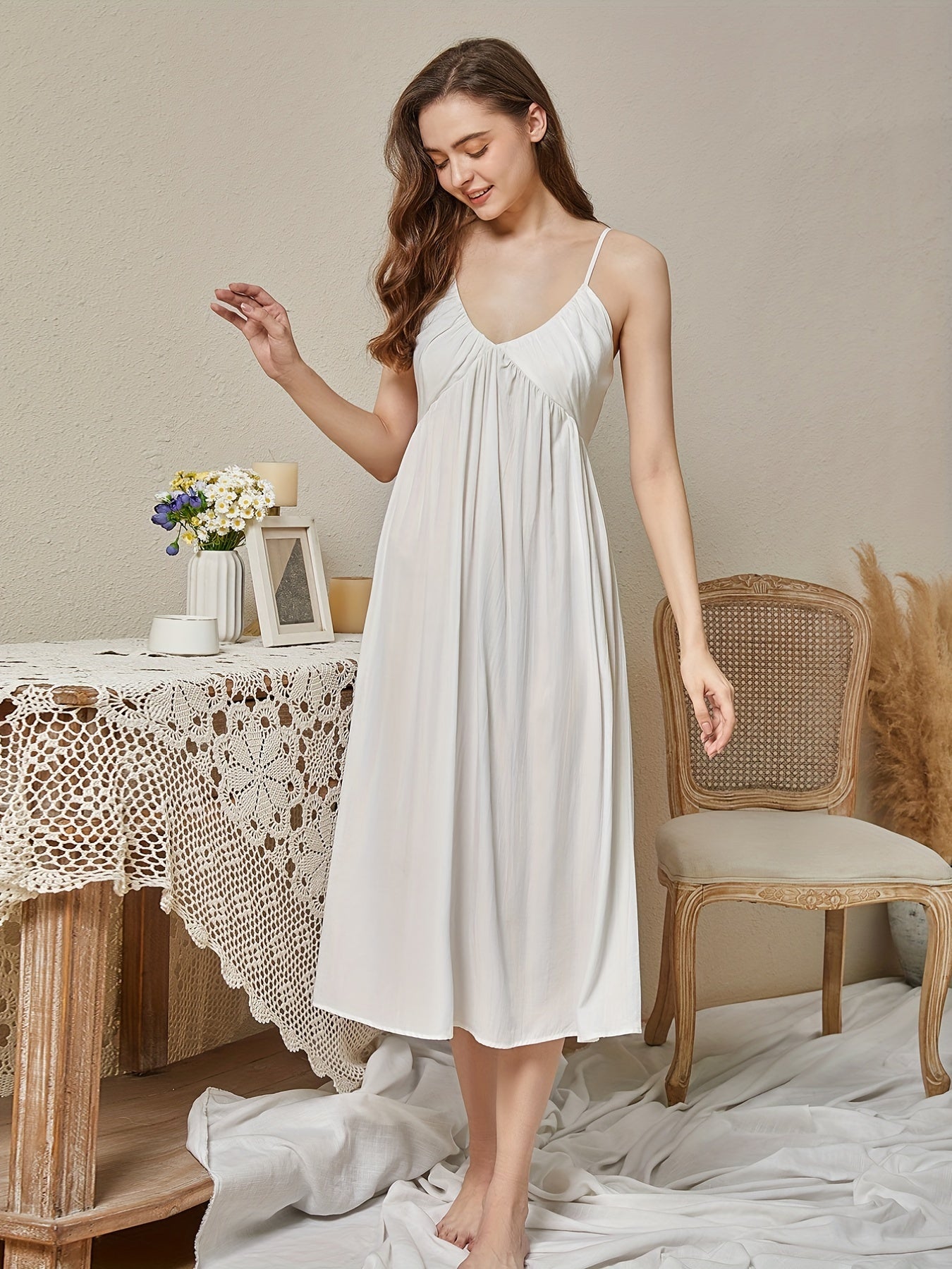 V Neck Slip Nightdress Spaghetti Strap Sleep Dress