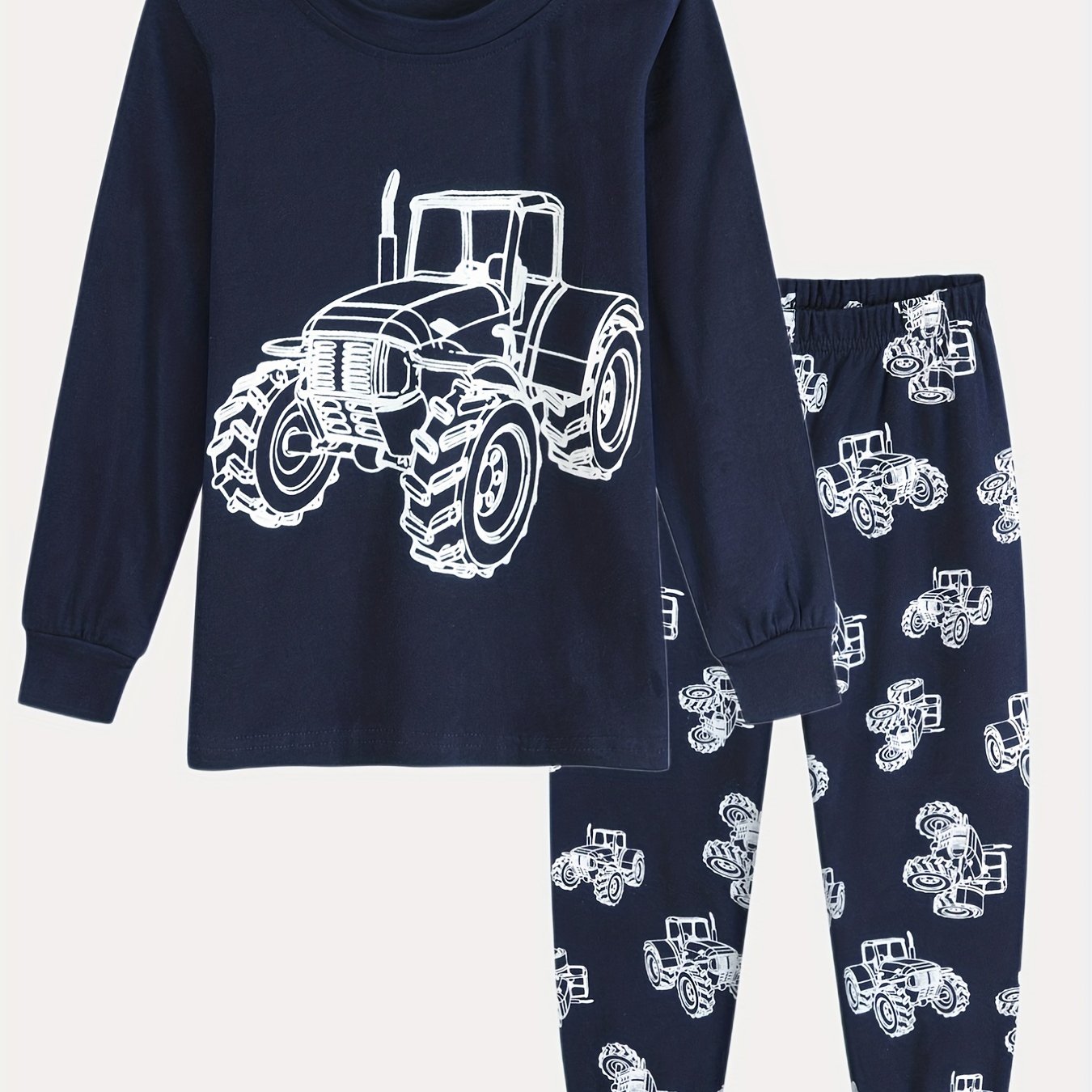 Boys Tractor Print Pajama Set Long Sleeve Top & Pants
