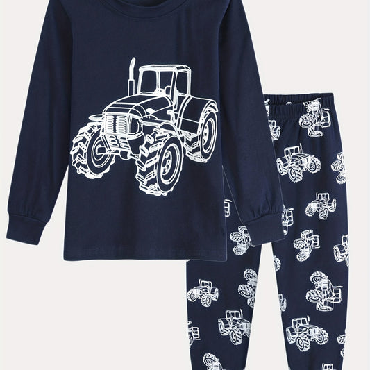 Boys Tractor Print Pajama Set Long Sleeve Top & Pants