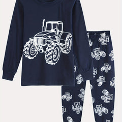 Boys Tractor Print Pajama Set Long Sleeve Top & Pants