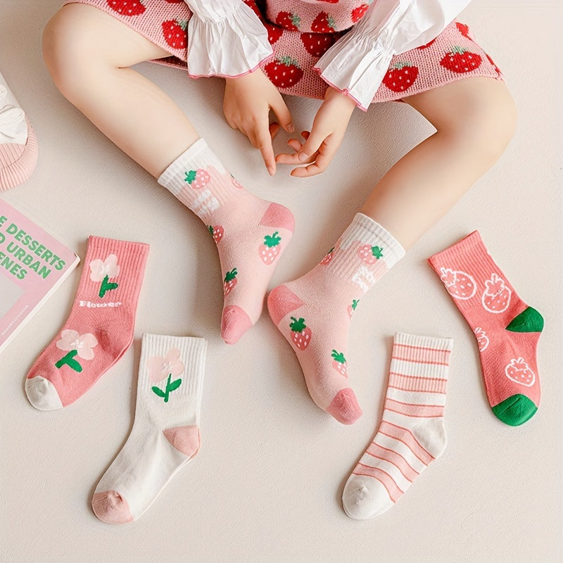 Girls Pink Flowers Strawberry Pattern Crew Socks for Autumn