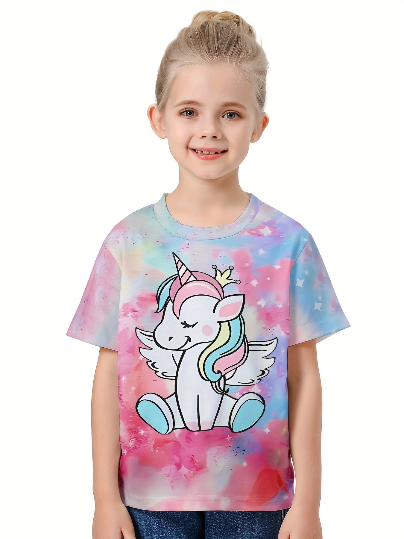 3D Tie Dye Unicorn Graphic Crew Neck T-shirt Girls Casual Tops