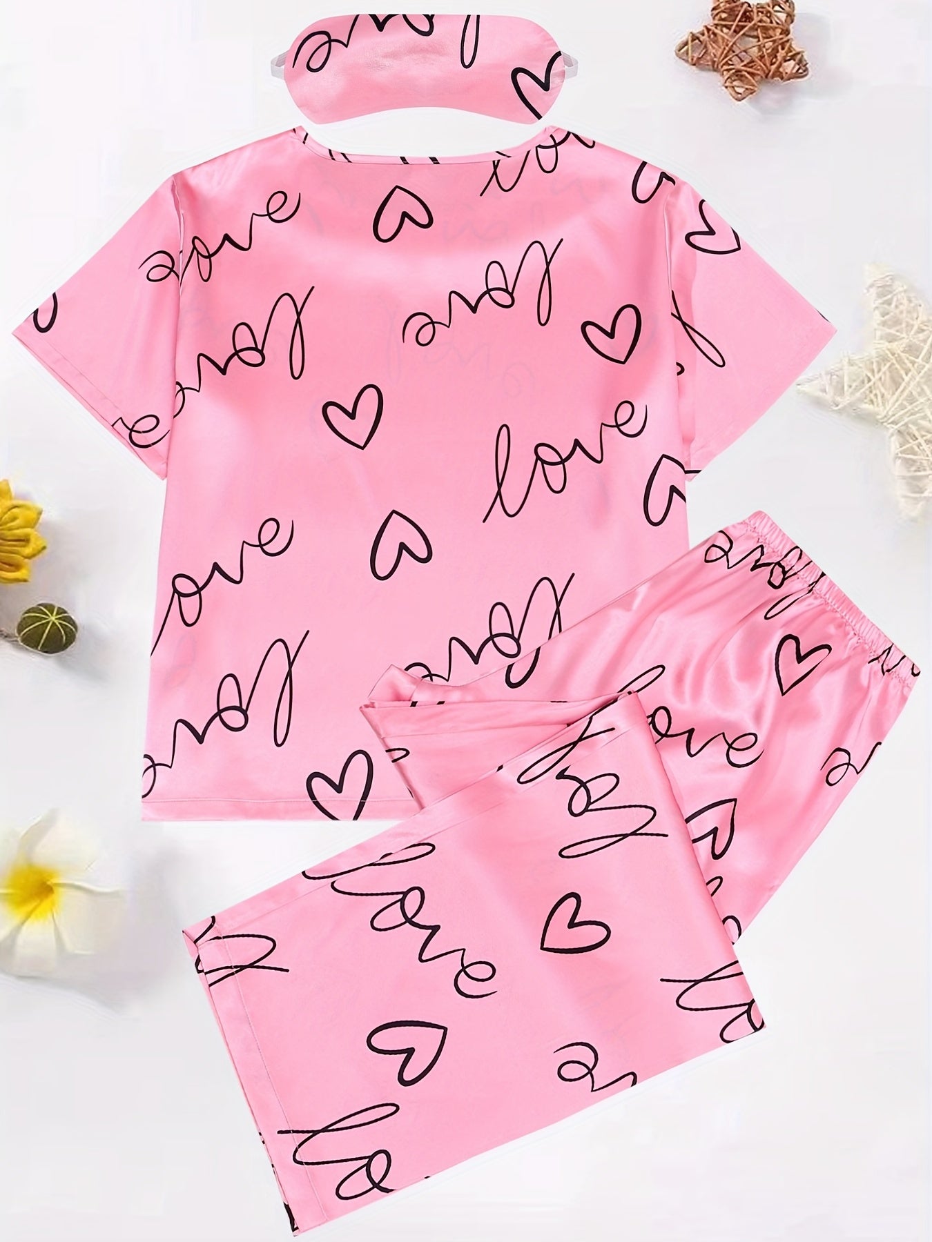 Heart & Letter Print Pajama Set with Eye Mask