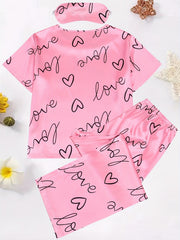 Heart & Letter Print Pajama Set with Eye Mask