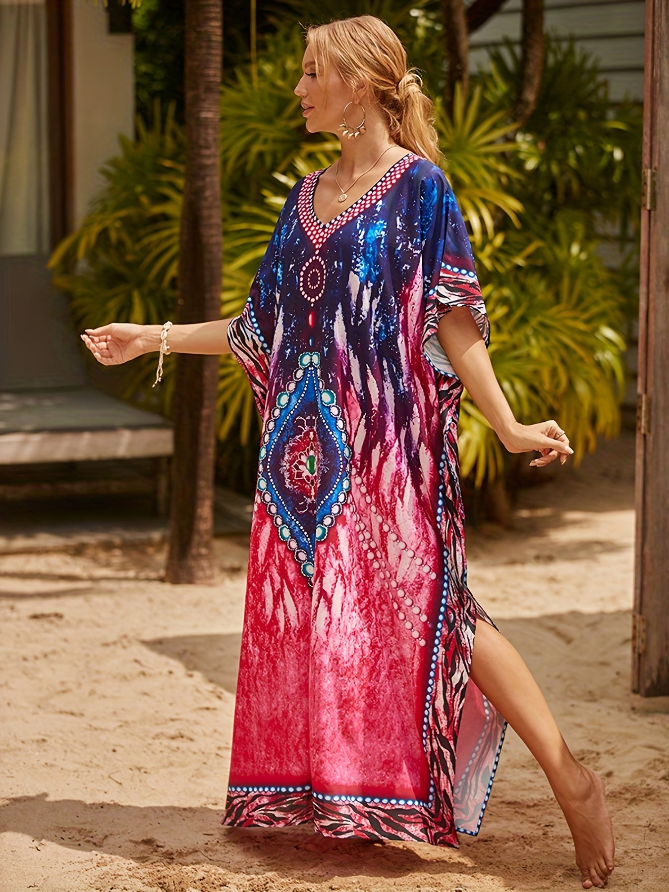 Tie Dye Bat Sleeve V Neck Cover Up Dress