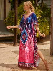 Tie Dye Bat Sleeve V Neck Cover Up Dress