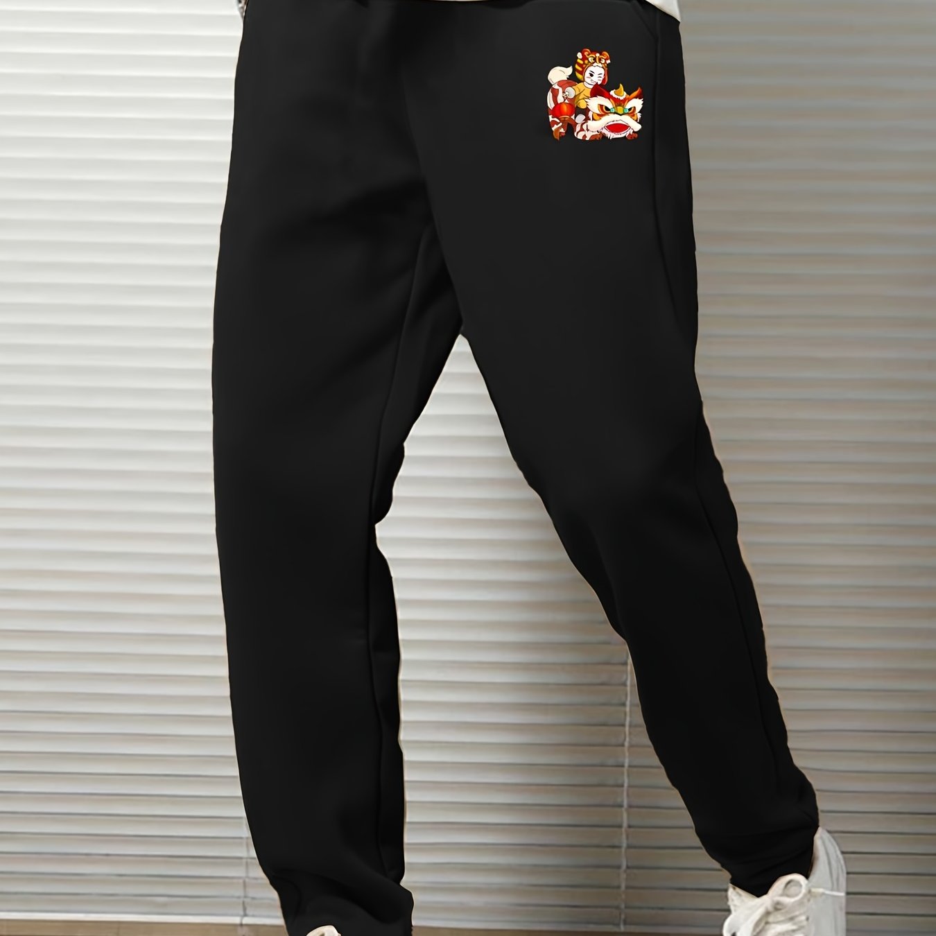 Men's Lion Dance Cartoon Print Drawstrings Sweatpants for Outdoor Sports
