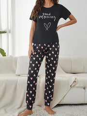 Heart Print Pajama Set Short Sleeve Crew Neck Top & Elastic Waistband Pants