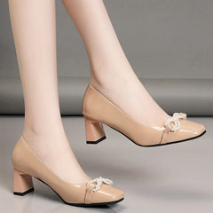 Faux Pearl Chunky Heels Square Toe Pumps