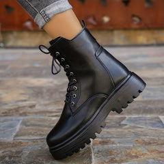 Women's Lace-Up Side Zipper Combat Boots Faux Leather Comfortable Boots