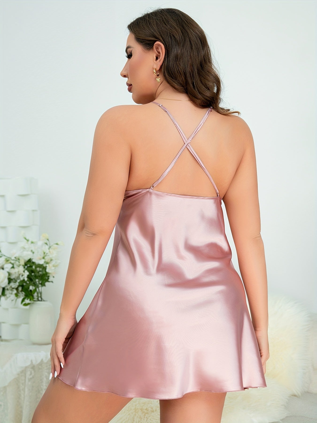 Sexy Satin Spaghetti Strap Criss Cross Cami Sleep Dress
