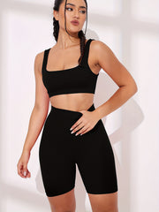 2pcs Ribbed Sports Bra & High Waist Workout Shorts Set