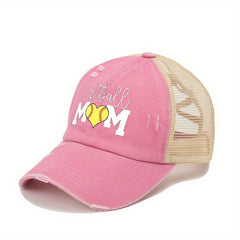 Mom Print Ponytail Trucker Hat Washed Distressed SOFTBALL MOM Baseball Cap