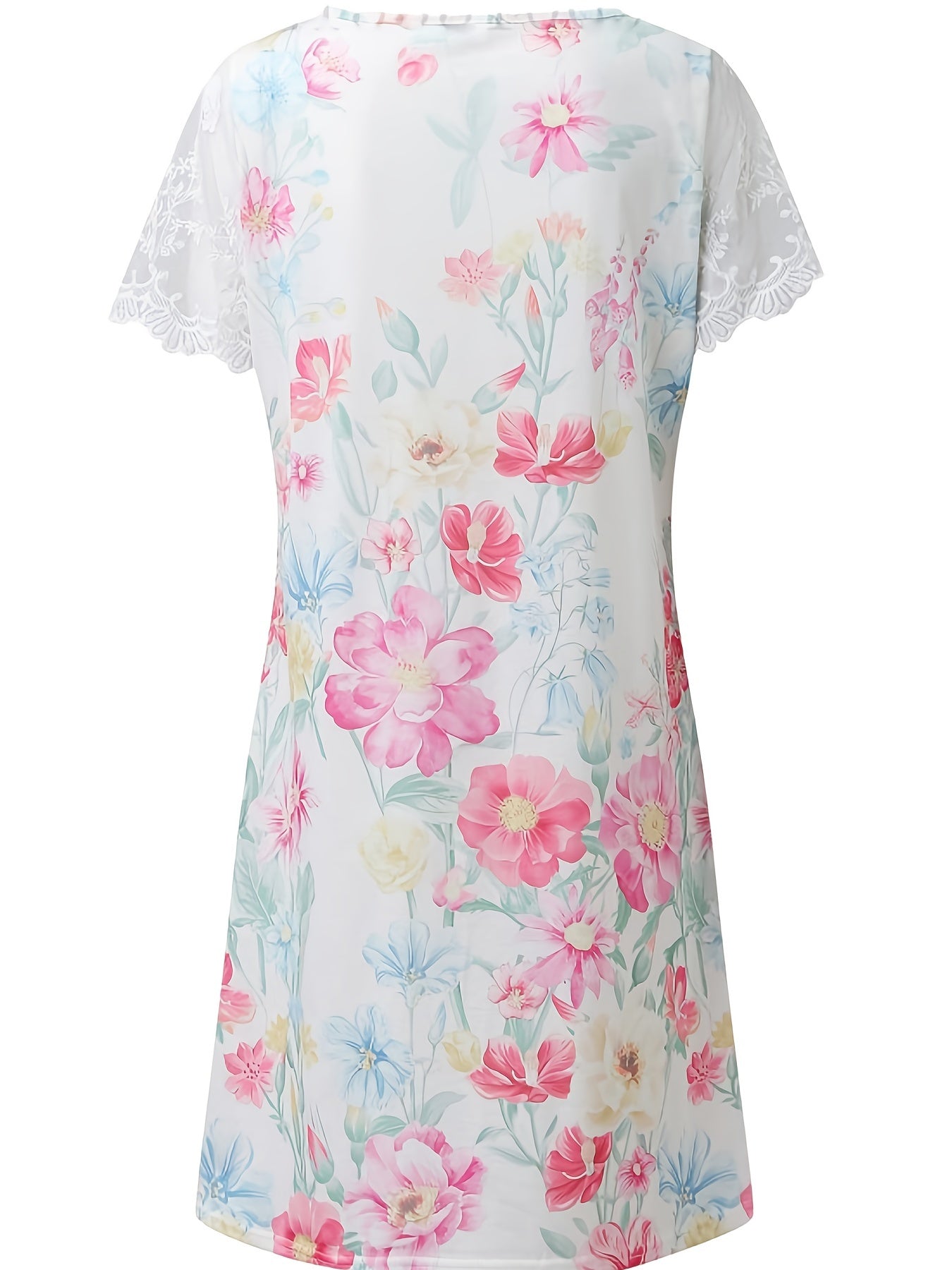 Floral Print Dress Lace V neck Short Sleeve Loose Summer Beach Sundress