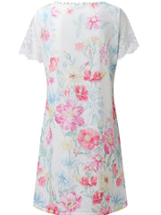 Floral Print Dress Lace V neck Short Sleeve Loose Summer Beach Sundress