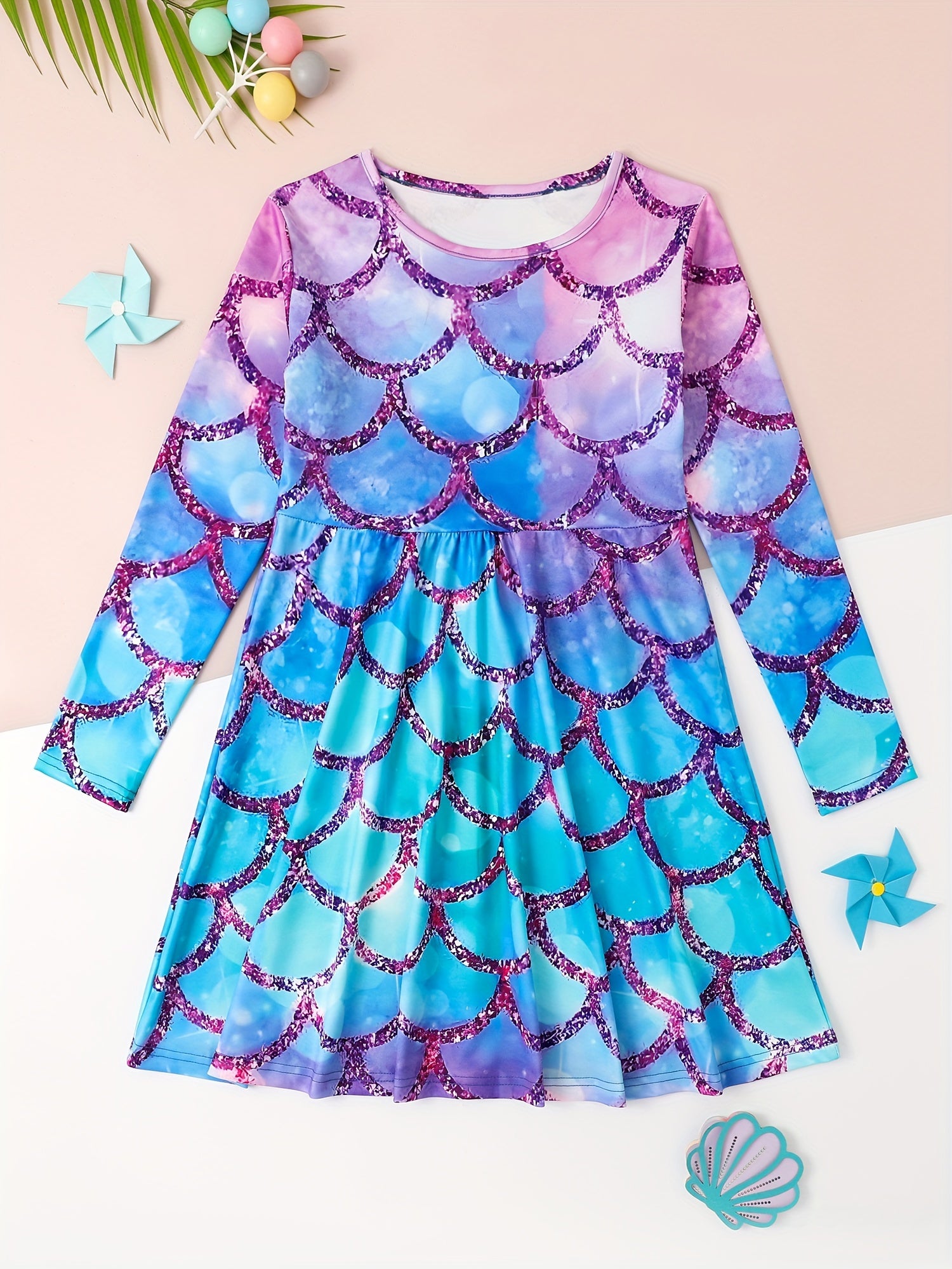 Girls Fish Scale Graphic Long Sleeve Dress For Christmas Party