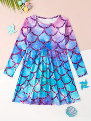 Girls Fish Scale Graphic Long Sleeve Dress For Christmas Party