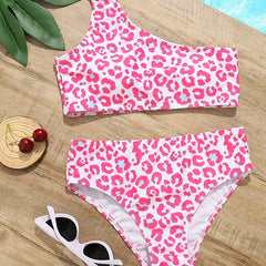2pcs Leopard Print Swimsuit Set Girls Bikini Swimwear For Summer Beach