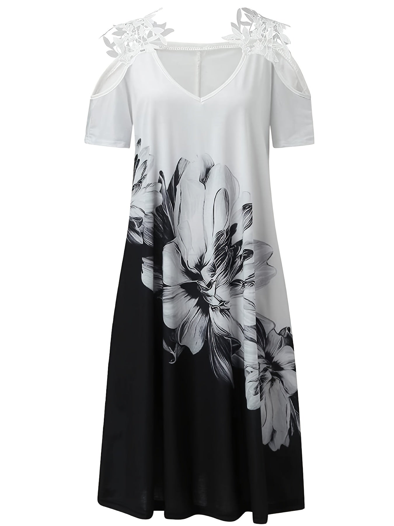 Women's Floral Cold Shoulder V Neck Midi Dress