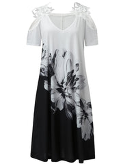 Women's Floral Cold Shoulder V Neck Midi Dress