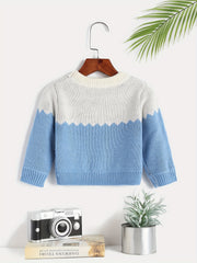 Block Round Neck Jacquard Knitted Pullover Top Girls Sweater