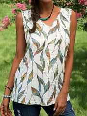 Leaf Print V Neck Tank Top for Summer