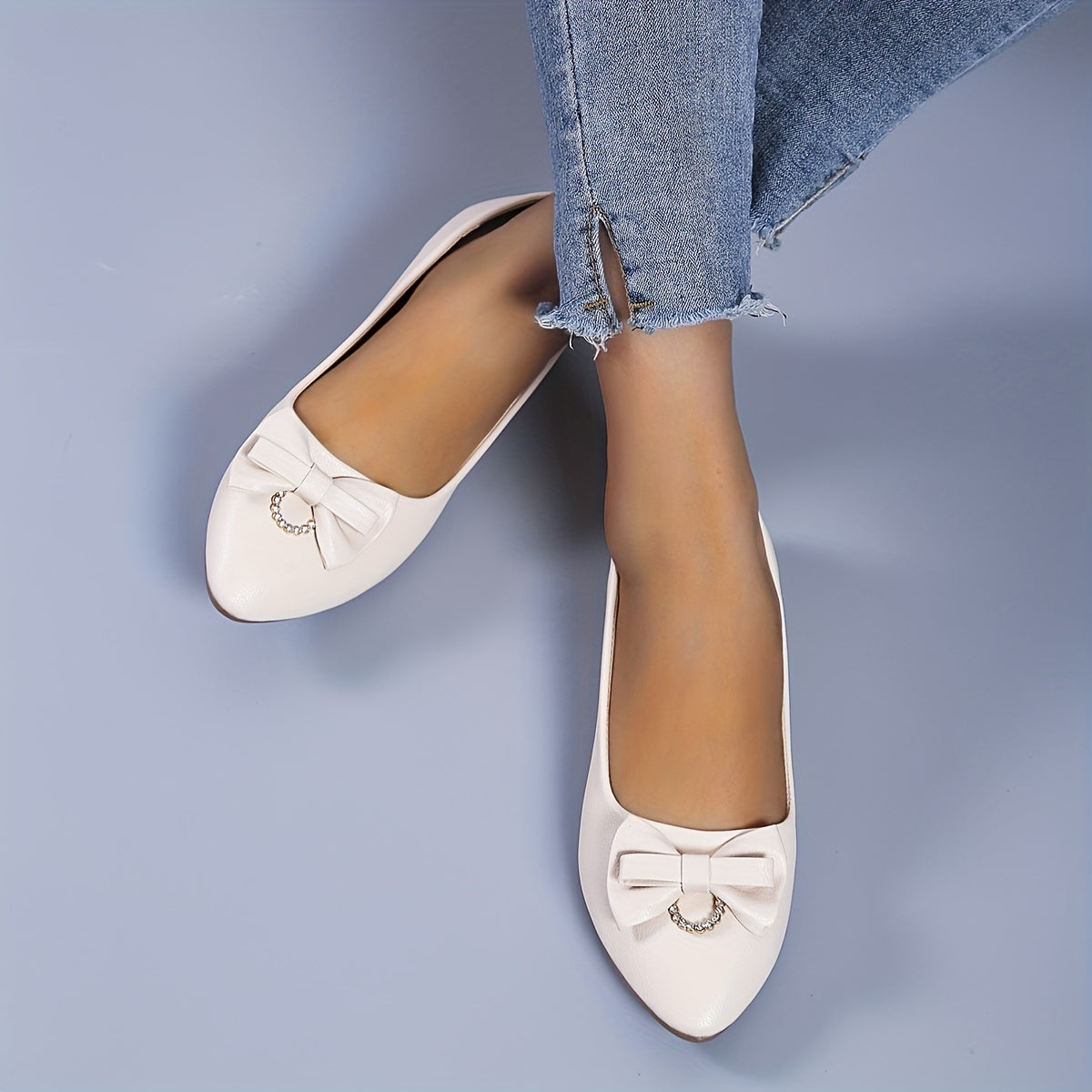 Women's Bowknot Rhinestone Flat Shoes Pointed Toe Slip On Elegant