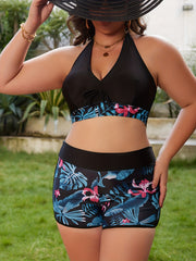 Tropical Print Tankini Set Halter Neck Bra & Shorts Two Piece